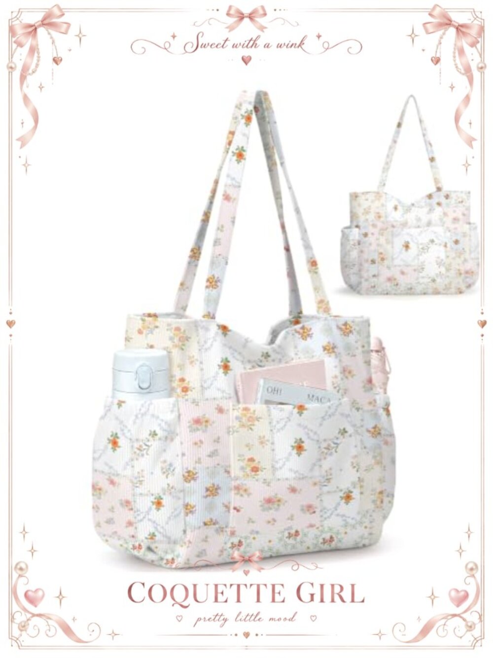 Corduroy Tote Bag Large Capacity Multi-Pocket Shoulder Bag for Travel